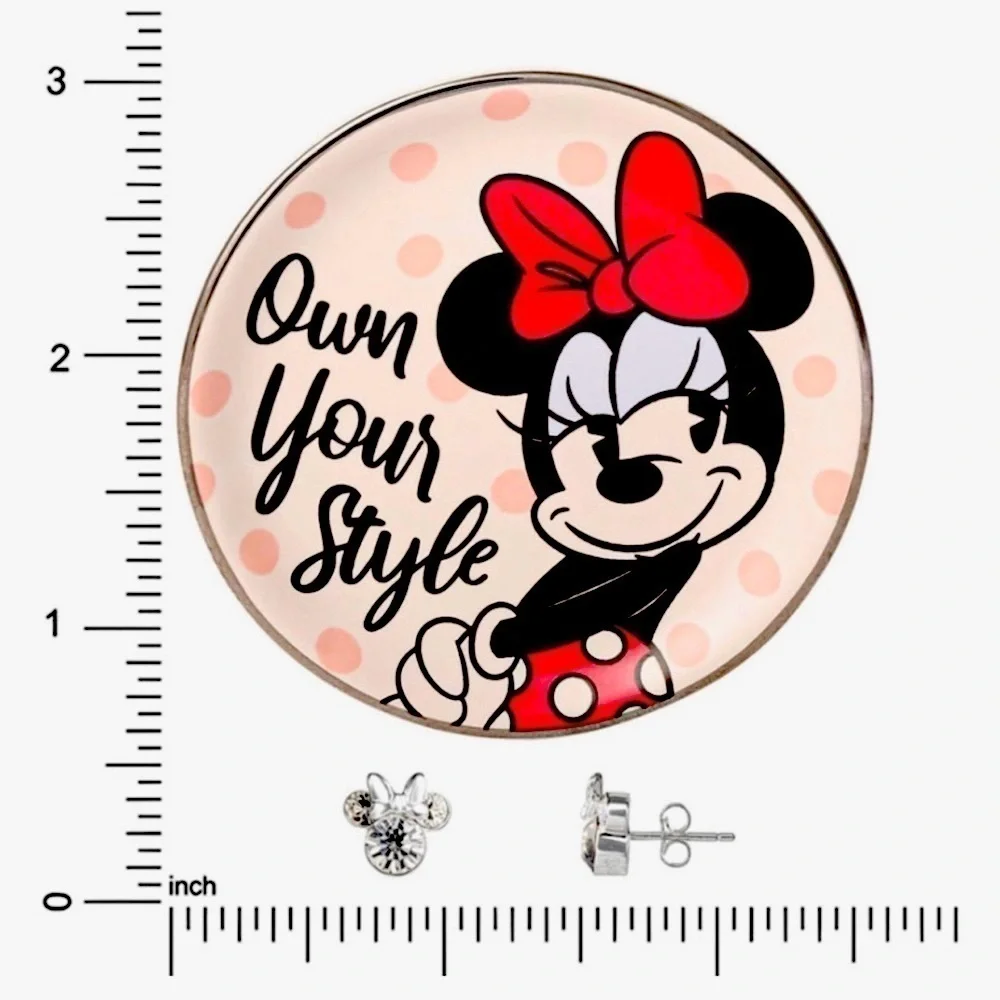 Disney MINNIE MOUSE Sterling Silver Clear Crystal Stud Earrings & Trinket Dish